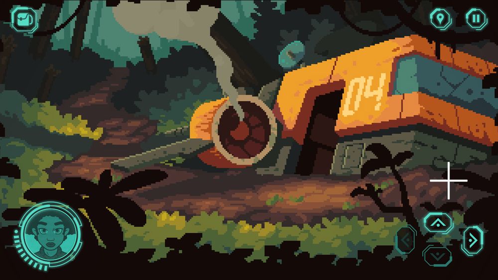 Capture d'écran du jeu.
On y vois, dans un style pixel art, le vaiseaux de l'héroïne, dans un piteux état après un crash. 