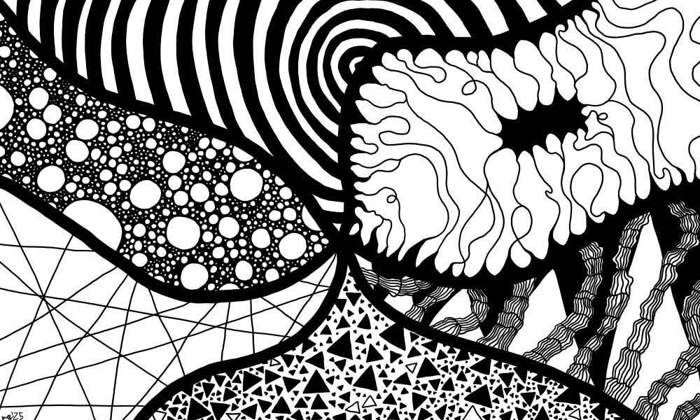 digital drawing. black and white. a swirl with six arms, creating six areas that are filled with zentangle patterns: rings that grow larger, curly lines that connect small pyramids, crumbly shapes that form curvy lines over black stripes, triangles in different sizes with a few empty ones among them, lines crossing esch other, bubbles