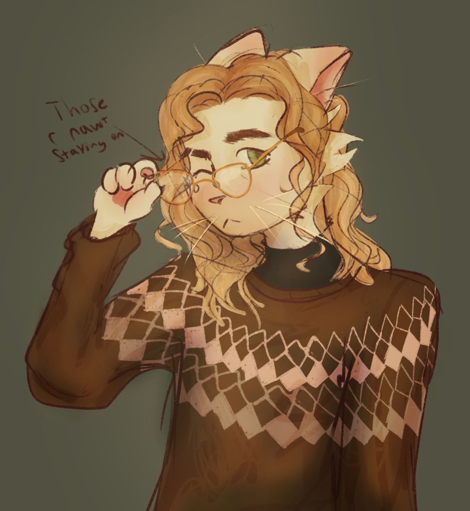 drawing of anthropomorphic flame point ragdoll cat with green eyes, an eyebrow scar on the left side, mid length wavy/curly hair, a brown patterned sweater with a black turtleneck underneath. he is holding up his glasses away from his face a little and closing one eye