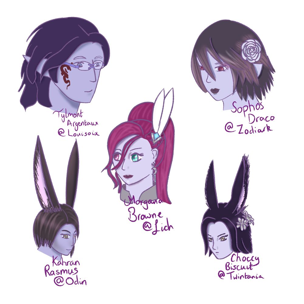 A selection of five player characters from Final Fantasy XIV. Two elezen at the top, a hyur in the middle and a pair of viera at the bottom. They are all drawn with a purple palet of colours.
