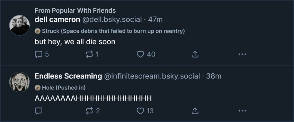 A screenshot of this post but showing a post from @infinitescream.bsky.social‬ directly under it.