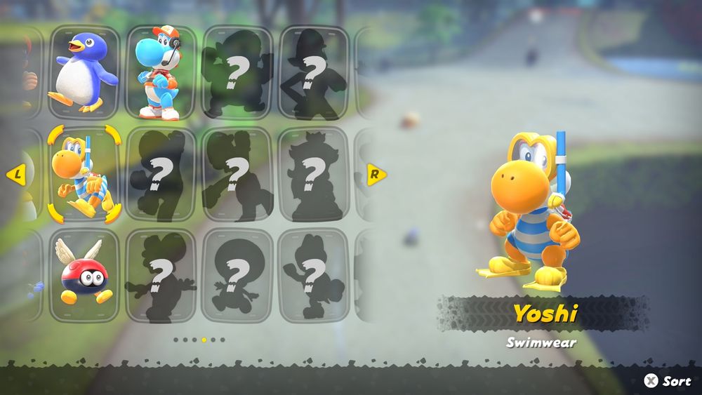 A screenshot of an Orange Yoshi (Swimwear Yoshi) from Mario Kart World.