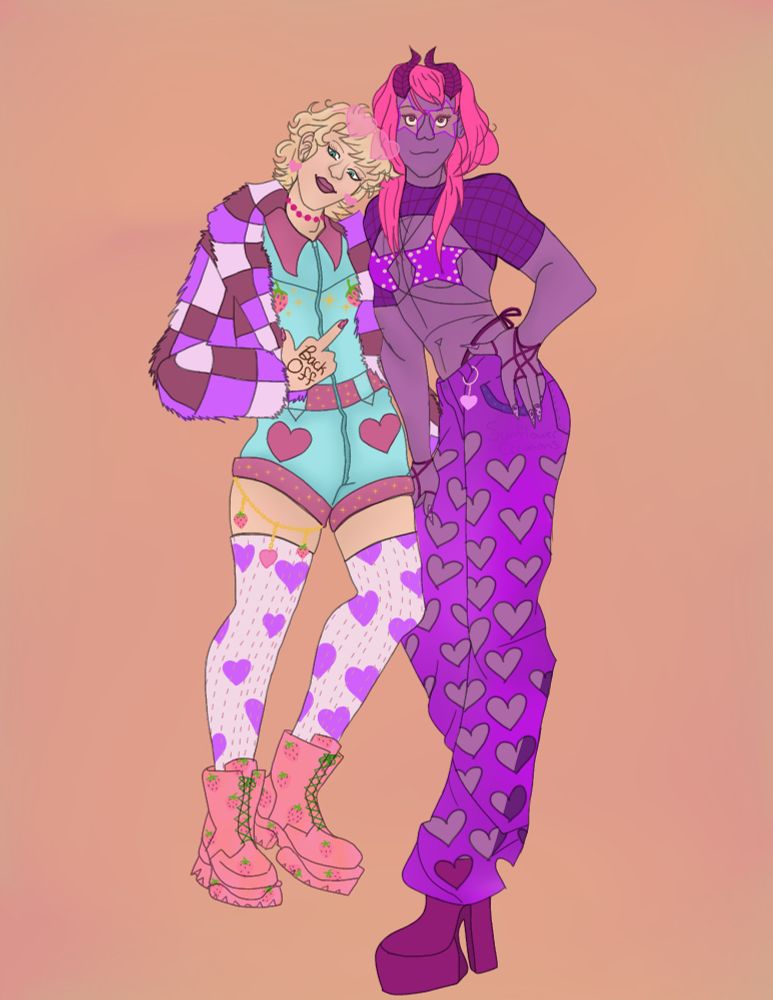 Two people, a tall woman on the right and a shorter male on the left, lean against each other to pose for a picture. The male on the left is fair-skinned and has blonde, shaggy hair, blue eyes, and is wearing a very colorful outfit consisting of: a fluffy, patchwork jacket in varying shades of pink/magenta, a short, blue jumper with pink details, light pink thigh-high socks with pink hearts on them, and peach-colored boots with little strawberries and green laces. He also has various pink and gold accessories, including a pair of pink heart-shaped sunglasses perched on top of his head, and is flipping off the "camera". The girl has dark pink skin, bright pink hair, and dark pink horns. Her clothes consist of a pink mesh extra short crop top, a pink star bikini with light pink gem details, hot pink pants with many heart cutouts, and magenta platform boots. She is wearing pink/yellow sunglasses in the shape of stars and has pink and red accessories.