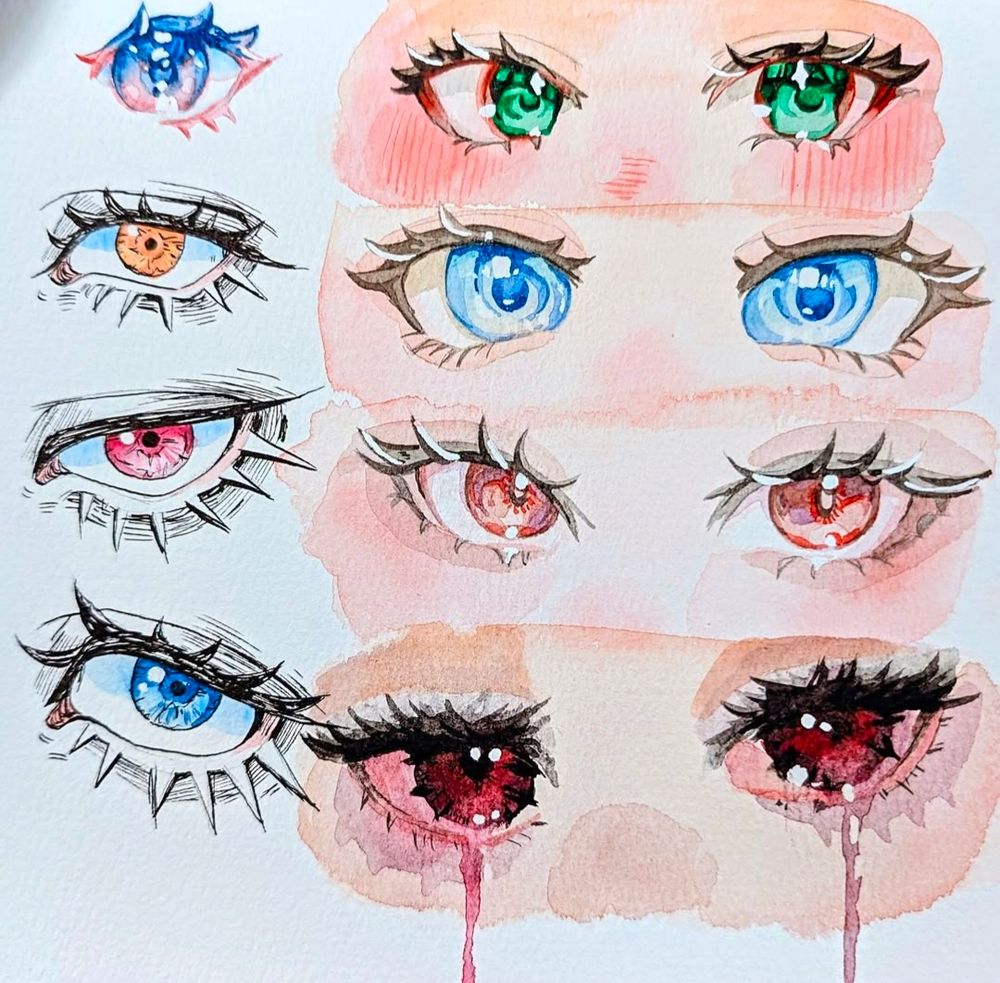 A watercolor and ink anime eye painting study with 4 sets of eyes and 4 individual eyes