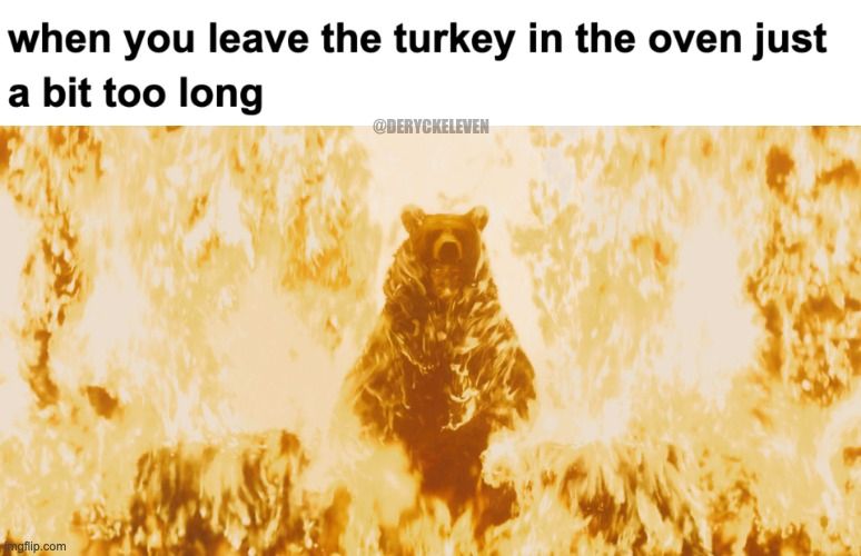 top text: when you leave the turkey in the oven just a bit too long


image: a bear figure in a room full of fire from Midsommar

@DERYCKELEVEN 