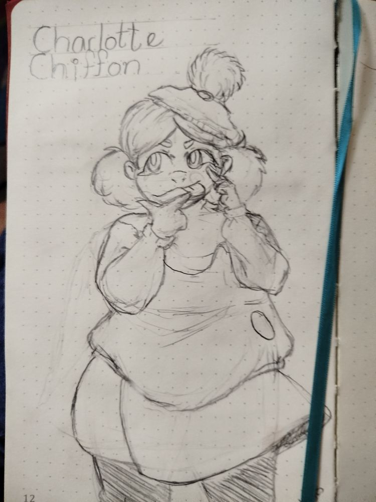 Sketch of an original character named Charlotte Chiffon. Anime inspired art style, she has a pom-pom beret hat, and fluffy hair round bun like pony tails hair style. She is wearing a sweater, skirt and leggings/thoughts. Her tongue is sticking out and her facial expression is the of thinking, looking of to the side.