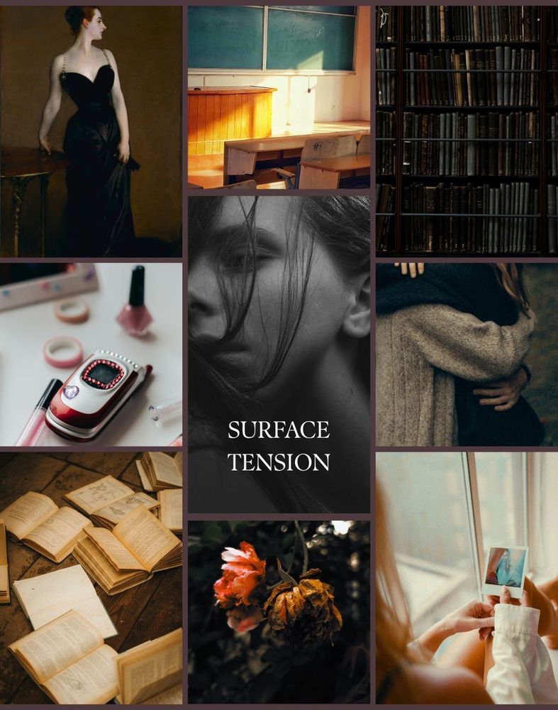 A collage of photos: John Singer Sargent’s “Portrait of Madame X,” a painting of a young woman in a sleeveless black dress; a classroom with a dark green chalkboard illuminated by the sun, with several wooden desks; library books on a shelf held behind iron bars; a man and woman embracing, both in rather woolly sweaters; a picture taken over the shoulder of a woman who is holding a polaroid picture of another woman; several drooping, dying flowers against a dark background; 7 or 8 old books, lying on floorboards, and with their pages opened as if the books had been dropped; a pink and white flip phone with a heart charm on its closed cover, next to a bottle of pink nail polish and a pink lipgloss; a black and white photo of a young woman in ¾ profile with her eyes mostly closed—over this the title of the WIP  “Surface Tension” is superimposed.