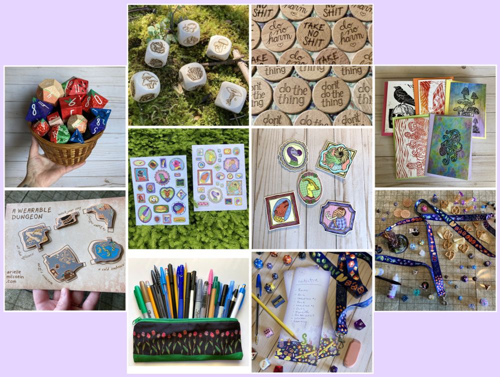 a photo collage showing off my giant cardboard dice, dungeon room enamel pins, dice flowers zippy pouch, prints of extinct and endangered animals in framed portraits, laser engraved wood dice and tokens, lanyards, notepads, and greeting cards of my own original lino prints.
