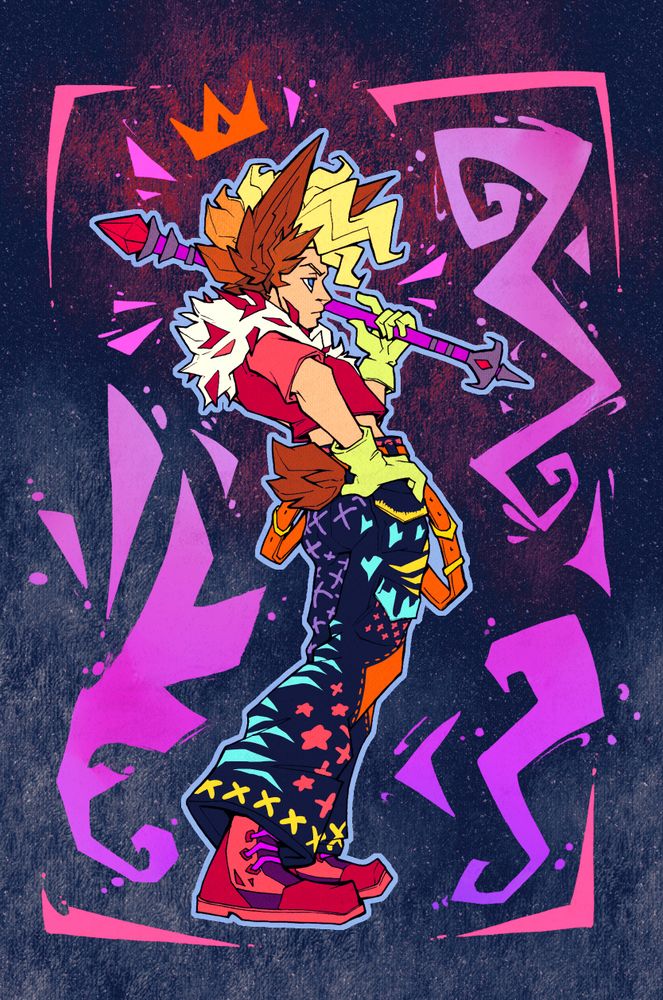 Drawing of Jasper in a cocky pose and with an assertive, brooding expression, dressed in colourful modern fashion. He has a sceptre hoisted over his shoulder, and the shapy graffiti filigrees in the background have a texture of paint splotches. One of the background elements suggests a crown on Jasper's head. Against the dark background, the bright and saturated tones of pink, yellow and red are shining all the more.