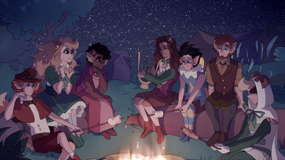 The protagonist and the six main characters of Lovewood are seated around a campfire and celebrating.