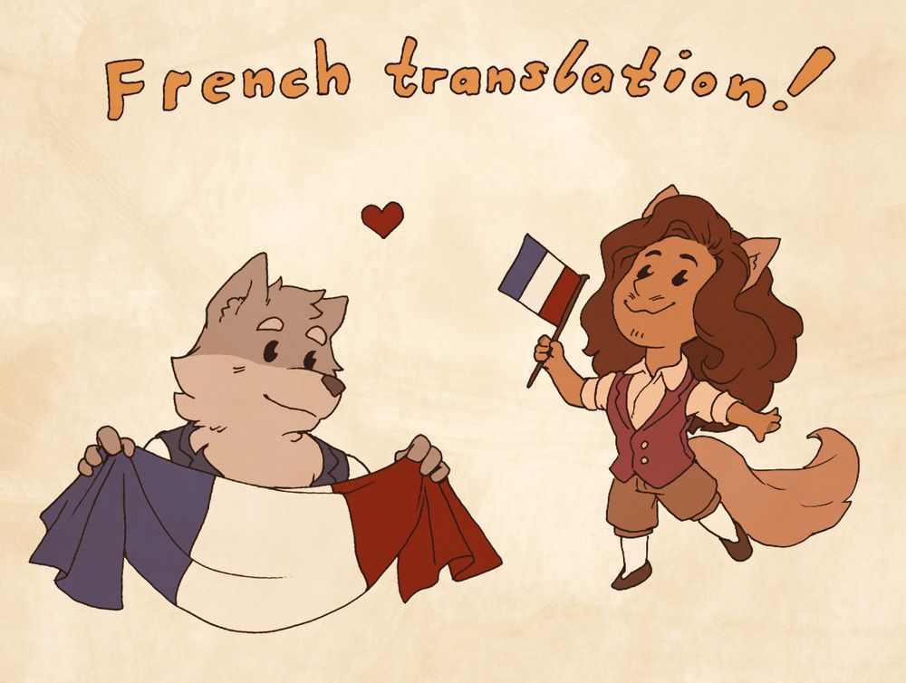 Moth and Caesar waving French flags, plus the text "French translation!"
