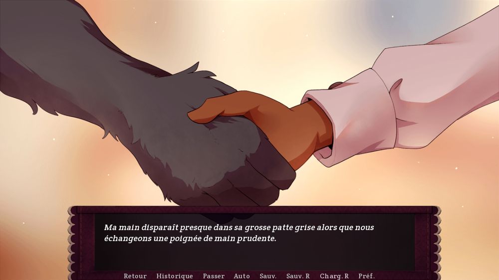 Screenshot of Caesar and Moth shaking hands for the first time