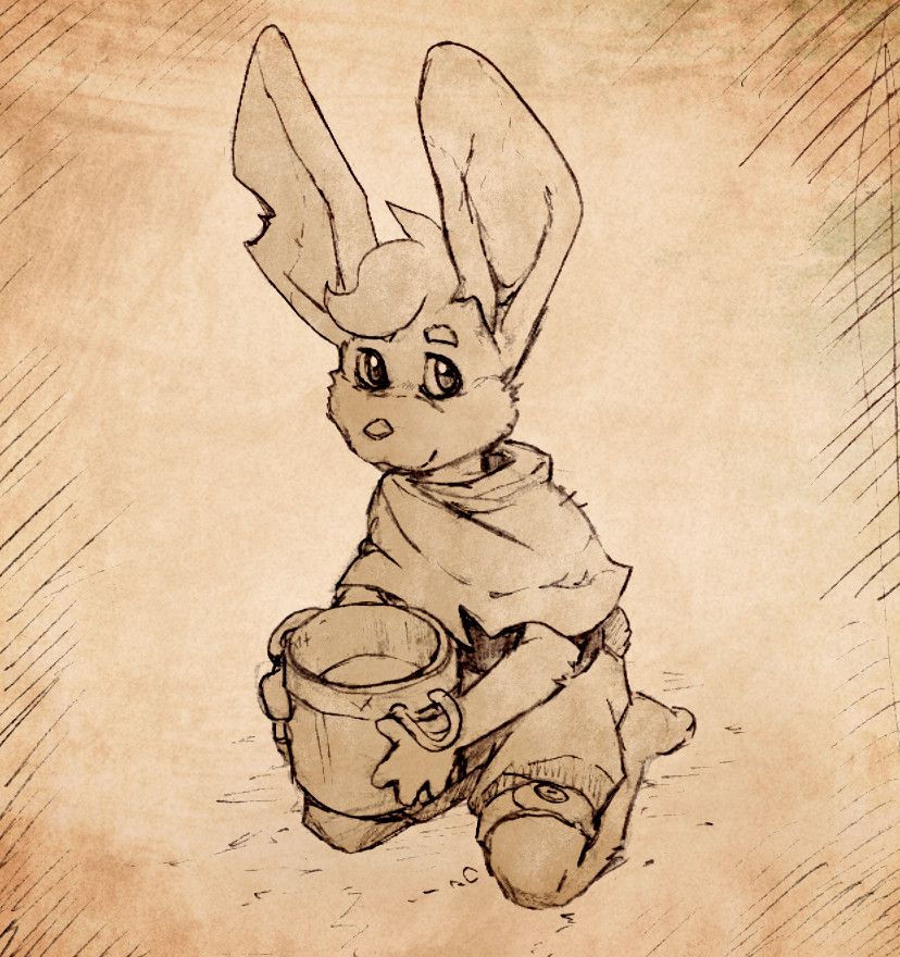 Pencil sketch on a sepia background of a humanoid bunny kid, kneeling and smiling timidly. He is dressed in worn-down clothing and the bucket he is holding in his hands has seen better days, but the water inside is clean!