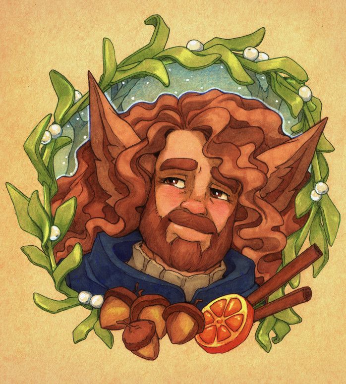 Portrait of a man with fuzzy pointed fairy ears, long curly dark brown hair and a full beard. He is looking dreamily off to the side, and is framed by mistletoe, cinnamon, acorns and an orange slice. There's a snowy forest indicated in the background. The surrounding paper is beige.
