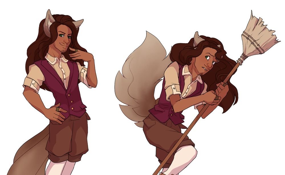 Sprite preview for Moth, a suave young man with bronze skin and long dark brown hair. He is smiling confidently on the left and tensely clutching a broom on the right.