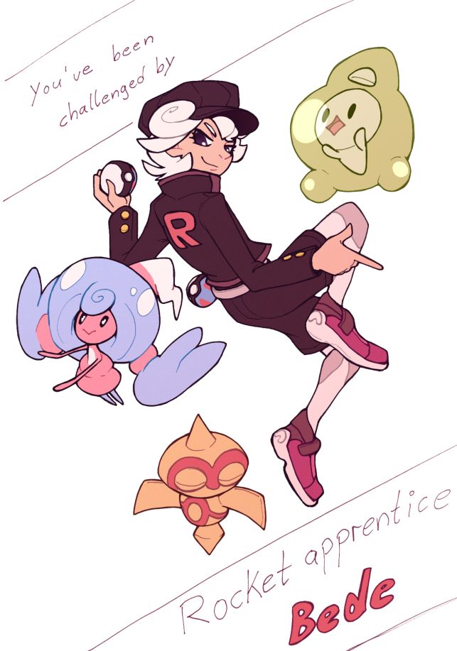 Drawing of Bede from Pokemon Sword and Shield, dressed in a Team Rocket uniform and posing ready for battle. The text says "You've been challenged by Rocket apprentice Bede". He is smirking and is accompanied by his trusty Duodem and Hattrem, as well as a small Ground-Psychic pokemon that he probably received from Giovanni.