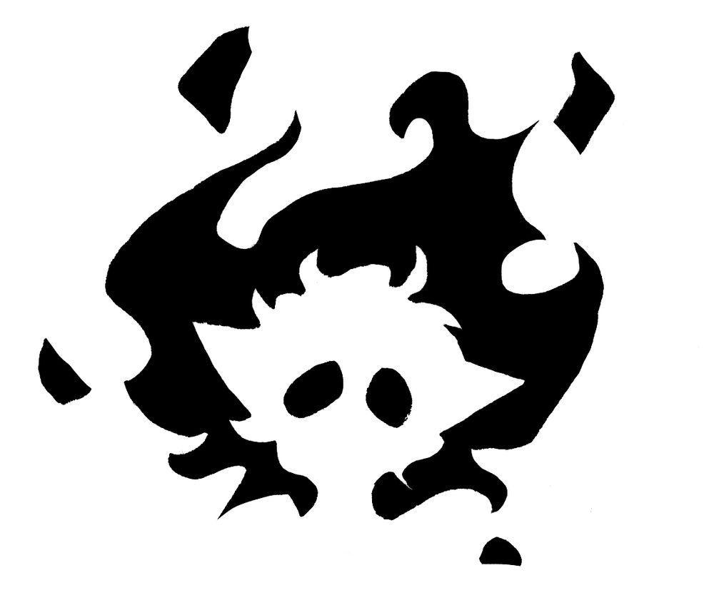 Super simple graphical ink drawing of the silhouette of Blanche's head on a black flame. His eyes are indicated as simple black shapes. He seems startled!