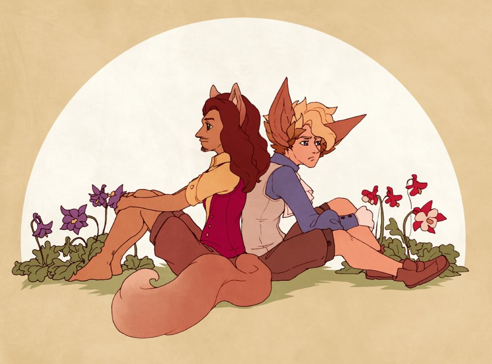 Coloured drawing of Moth and Jasper sitting back to back. Moth's side features purple columbines, whereas Jasper's side has red ones.