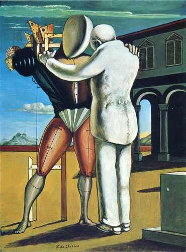 In Giorgio de Chirico's "The Prodigal Son," two figures embrace against a stark architectural backdrop, creating a sense of both alienation and connection. The painting blends metaphysical themes with a dreamlike atmosphere, typical of de Chirico's unique style.