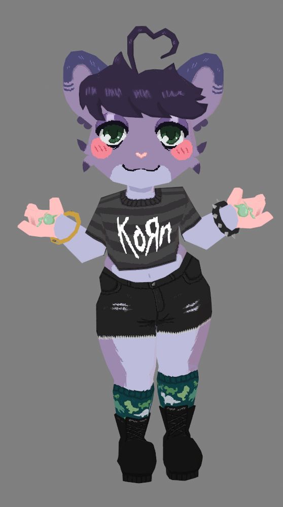 3D model of my hamster fursona standing in a shrug arm pose.
They're a purple hamster wearing a striped Korn crop top, black shorts, green dinosaur patterned socks and black boots.