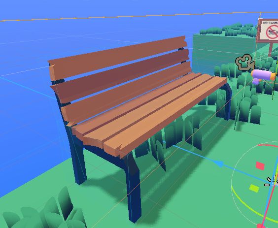 3D model made in Blender of a low poly bench with wooden slats and black metal legs and backing holding it together