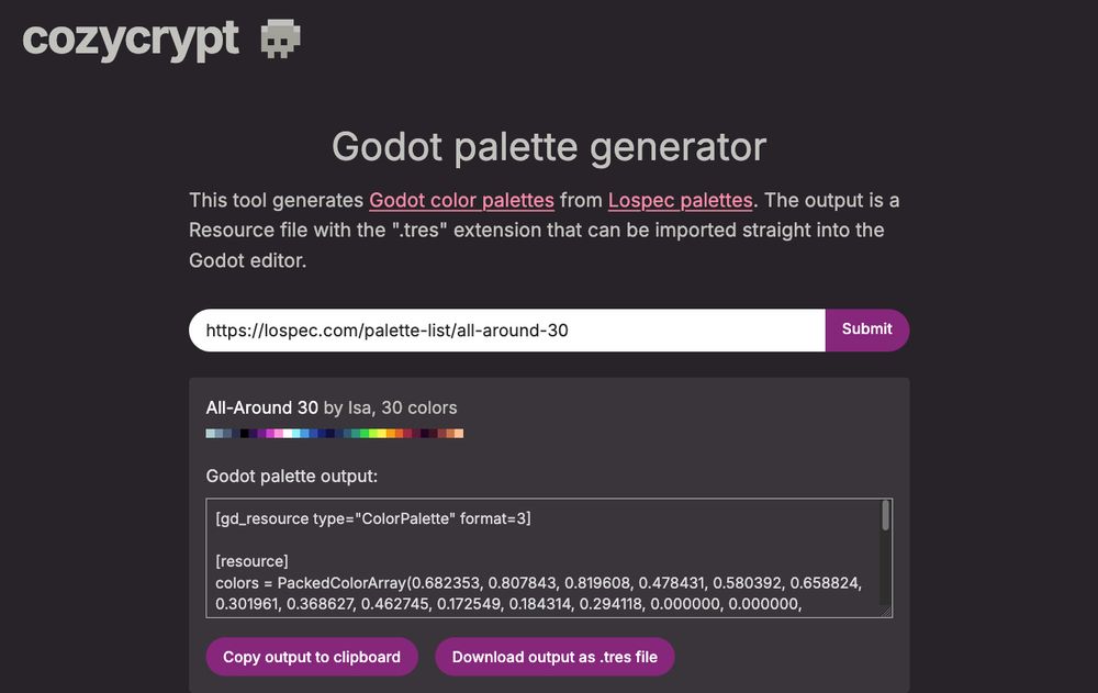 Screenshot of a web page that lets visitors convert a color palette from Lospec into a Godot-compatible file.