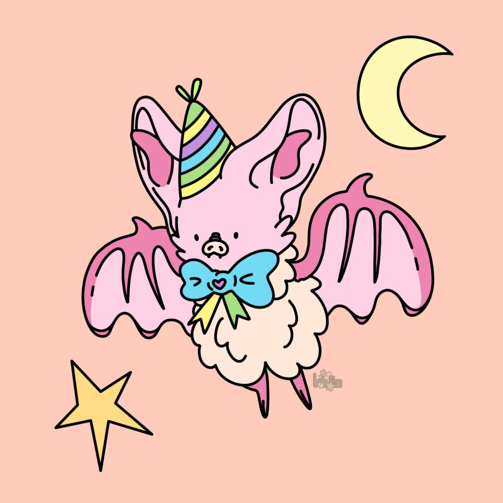 a cute little birthday bat that is pink hues.  the bat is wearing a stripped birthday hat and a blue yellow and green bow with a purple heart in the centet.  there is a star and moon around the bat with a light orange background.  the talented and amazing nono drew this 🖤