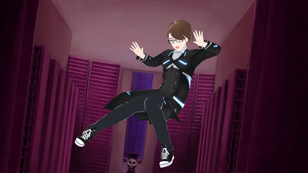 A PS2 graphics twink falling in a library