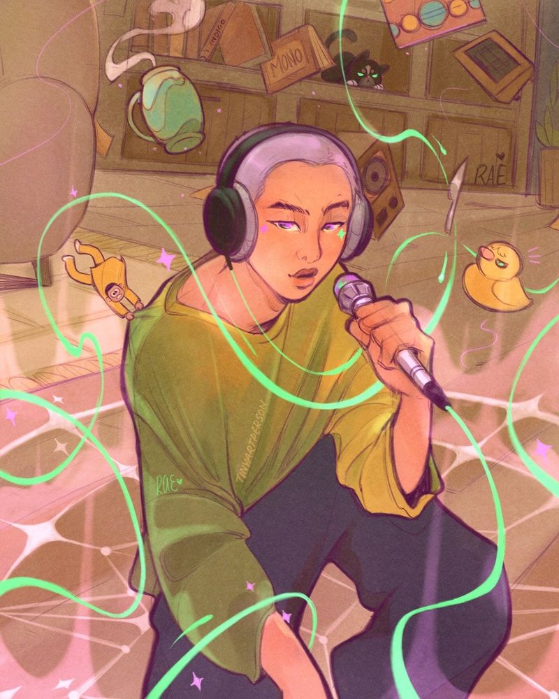Dark Witch Namjoon crouches amidst a glowing pentagram drawn on the floor. He wears headphones and there's a mic connected to a green ribbon of magic that whips around him in curves, making everything around him float into the air. As his mini Joon doll, mug if tea and rubber duckie float upward, Namjoon looks at the audience with a knowing expression. His cat, however, is safely seated on a shelf, very much grounded. 