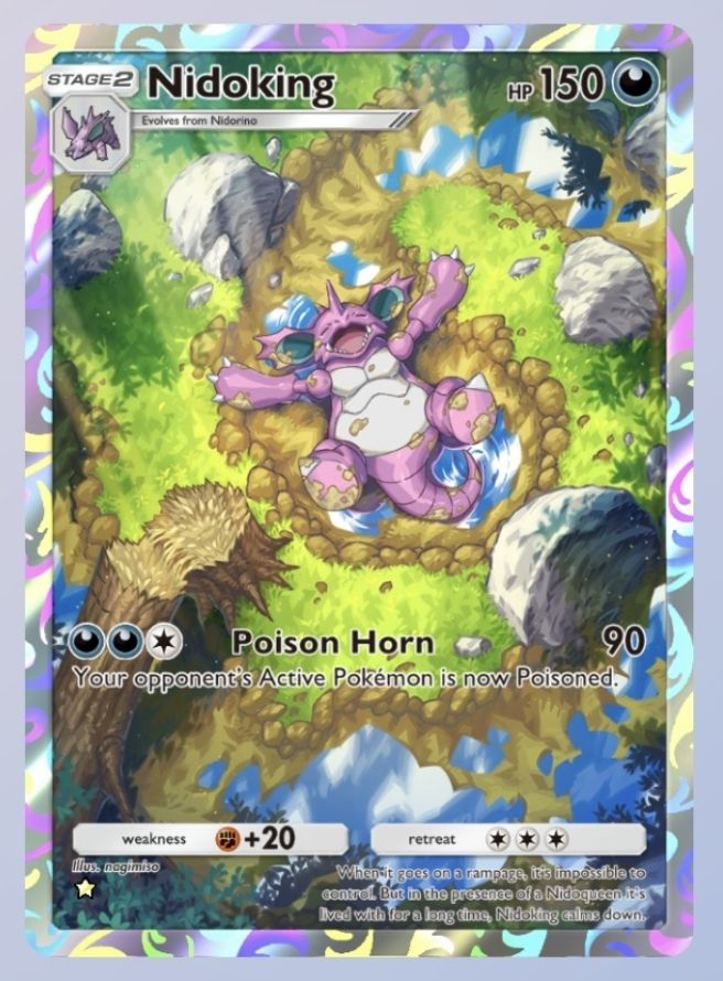 A Nidoking pokemon card. The illustration portrays Nidoking laying flat on the ground, playing in puddles. 