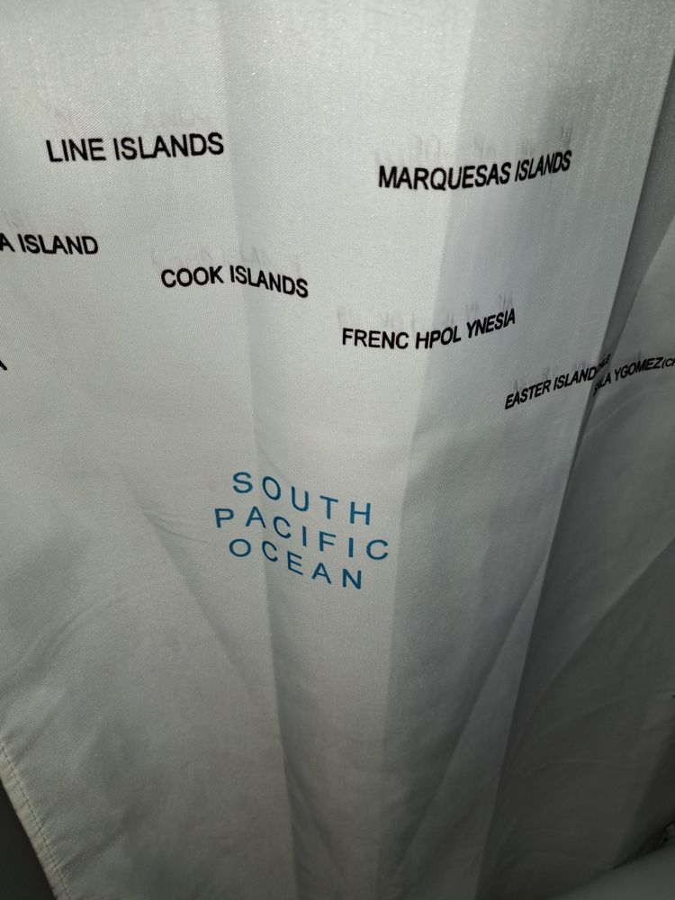 Part of a shower curtain world map showing the South Pacific. No islands visible. Just names of island groups.