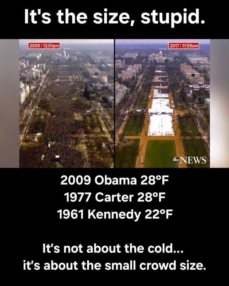 Two photos comparing the crowds at 2009 Obama's Inauguration with those of Trump's last one in 2017