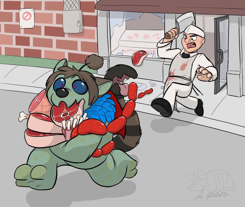 Scree running from a butcher with an armful of stolen meat 