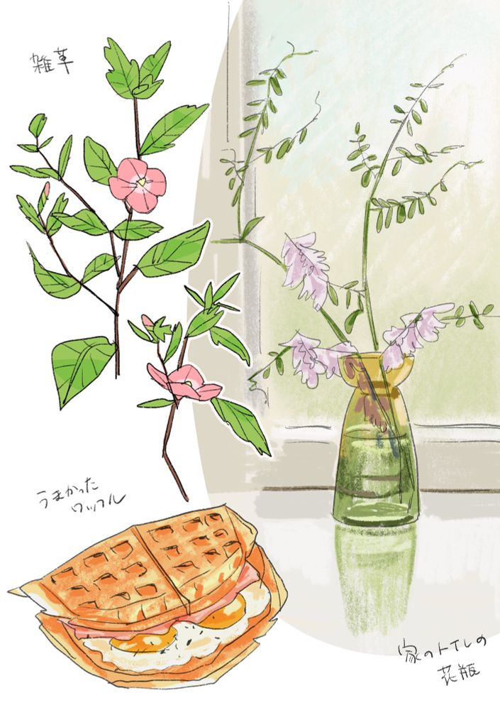 写真を模写したイラスト。雑草の絵、目玉焼きを挟んだワッフルの絵、雑草の花を挿した花瓶と窓の絵が描かれている