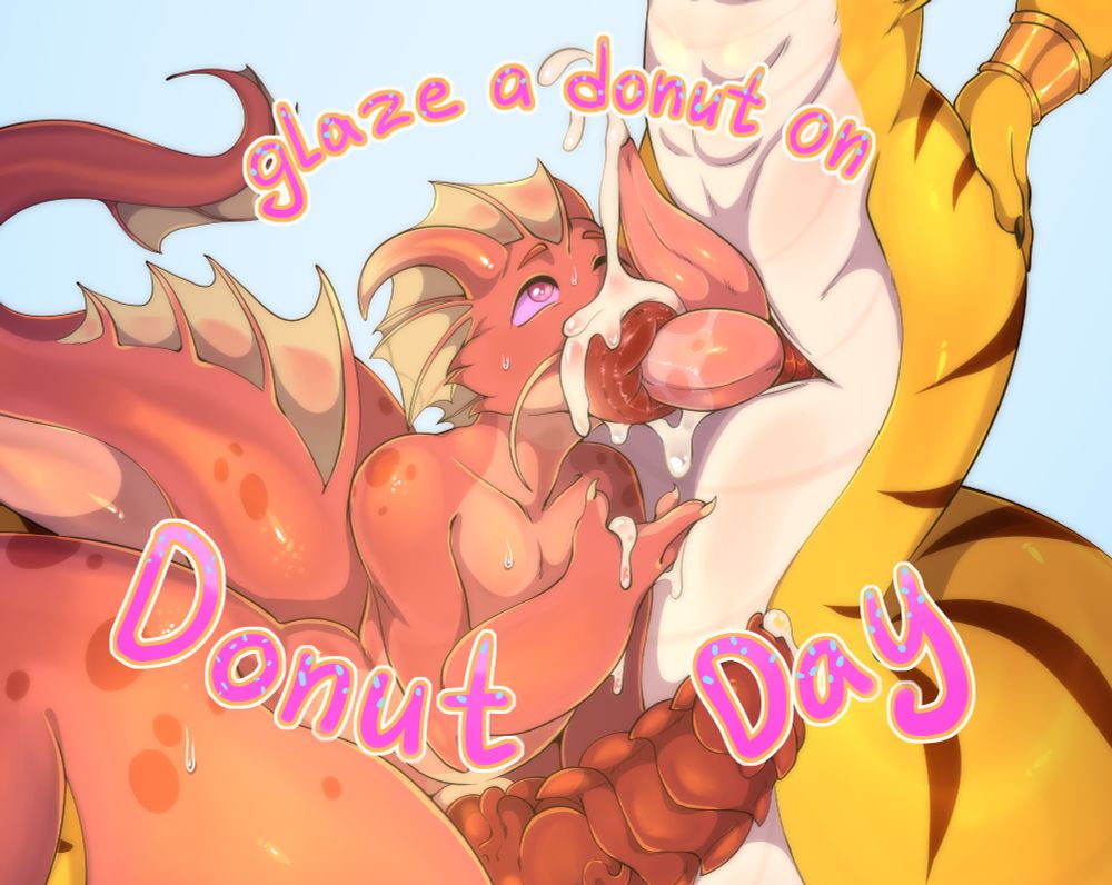 A close up shot of the previous image, with the text "Glaze a donut on donut day." In fun donut themed text.