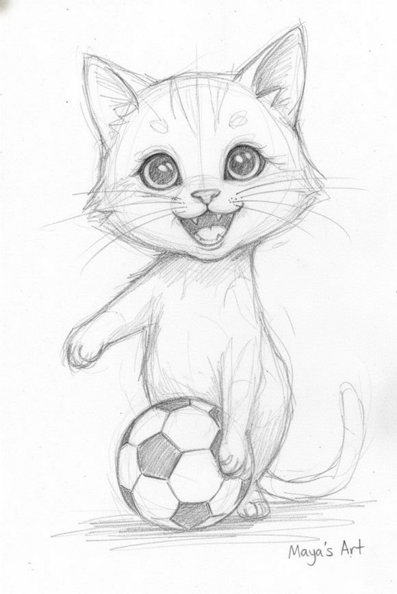 Pencil sketch of a cute cat playing playfully with a soccer ball.