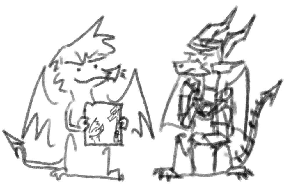 A black and white doodle of two cartoony dragons in a simple style.
One dragon is showing an image to another dragon.
The image has both of them in it drawn in an even simpler style.