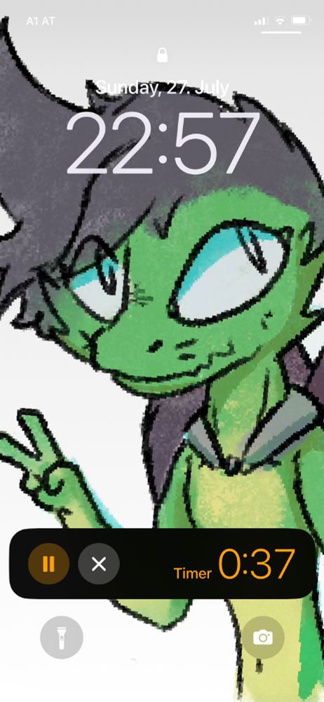 A screenshot of a phone lock screen.

The background image is a digital art drawing of a green dragon character with dark messy hair and feathered wings.
The dragon has whiskers and is giving the peace sign.

The background image was made by chainki.

The lockscreen shows the day as Sunday, 27th of July.
The time shows 10 PM, 57 minutes.

On the bottom of the screen is a timer showing 0 minutes and 37 seconds remaining.