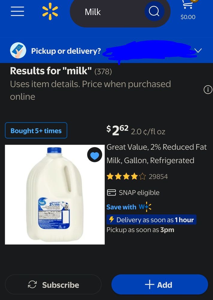 Screenshot of Walmart website showing 2% milk gallons for $2.62.