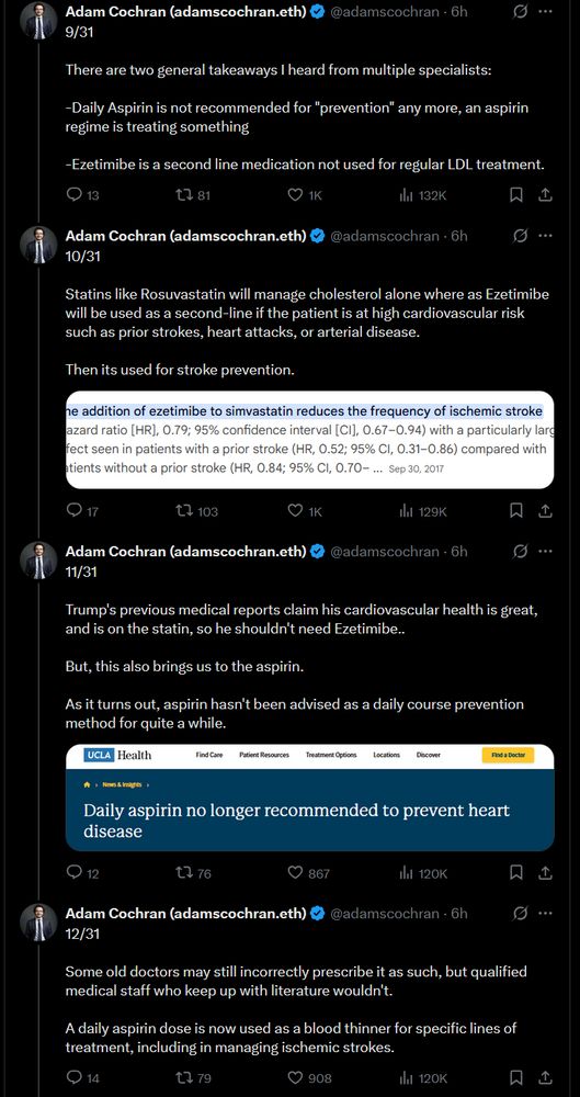 Adam Cochran (adamscochran.eth) @adamscochran: 9/31 There are two general takeaways I heard from multiple specialists: -Daily Aspirin is not recommended for 