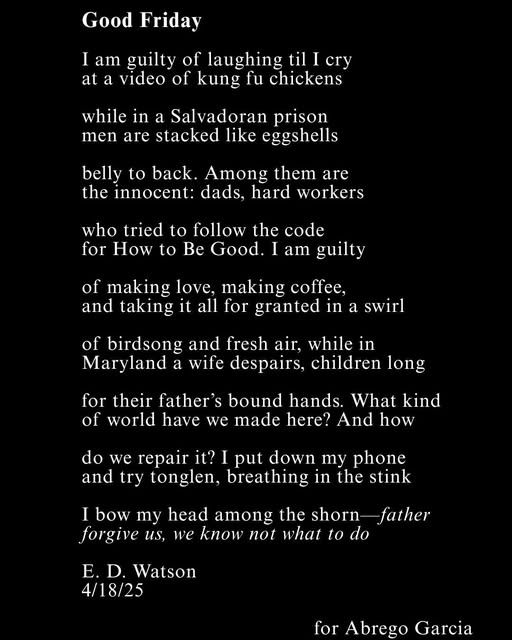 Good Friday

I am guilty of laughing til I cry
at a video of kung fu chickens

while in a Salvadoran prison
men are stacked like eggshells

belly to back. Among them are
the innocent: dads, hard workers

who tried to follow the code
for How to Be Good. I am guilty

of making love, making coffee,
and taking it all for granted in a swirly

of birdsong and fresh air, while in
Maryland a wife despairs, children long

for their father's bound hands. What kind
of world have we made here? And how

do we repair it? I put down my phone
and try tonglen, breathing in the stink

I bow my head among the shorn--father
forgive us, we know not what to do

-E.D. Watson, 4/18/25

for Abrego Garcia