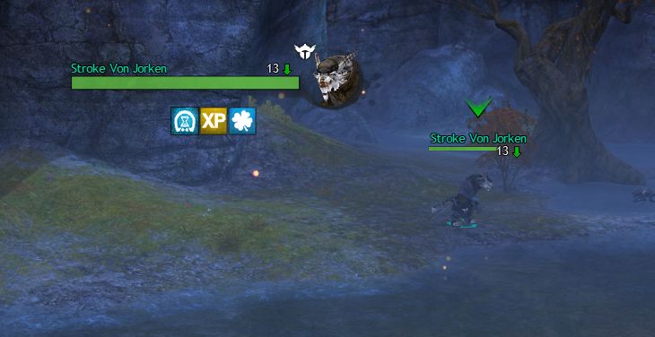 A cropped screenshot from Guild Wars 2. On another player named Stroke Van Jorken