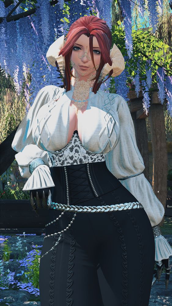 Toma, a red headed raen au ra. She is standing in front of a purple tree. She is wearing a fancy looking white top and black bottoms with a matching corset. She is offering a shy smile to the viewer.