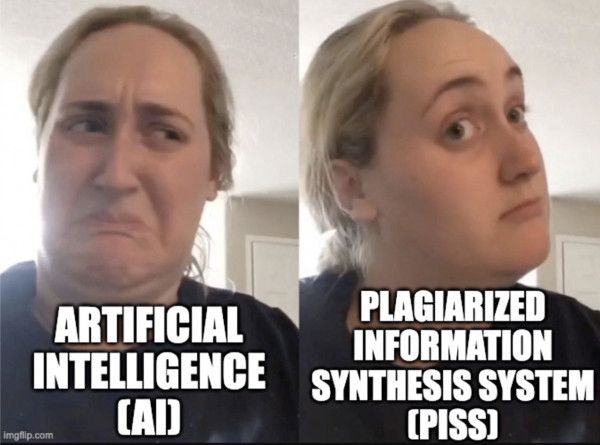 A meme, on the left there’s a lady pulling an “ew” face above the text Artificial Intelligence (AI), while one the right the same lady pulls a “a ha, I like that!” sort of face above the text Plagiarised Information Synthesis System (PISS). Because AI is shit for cunts. 