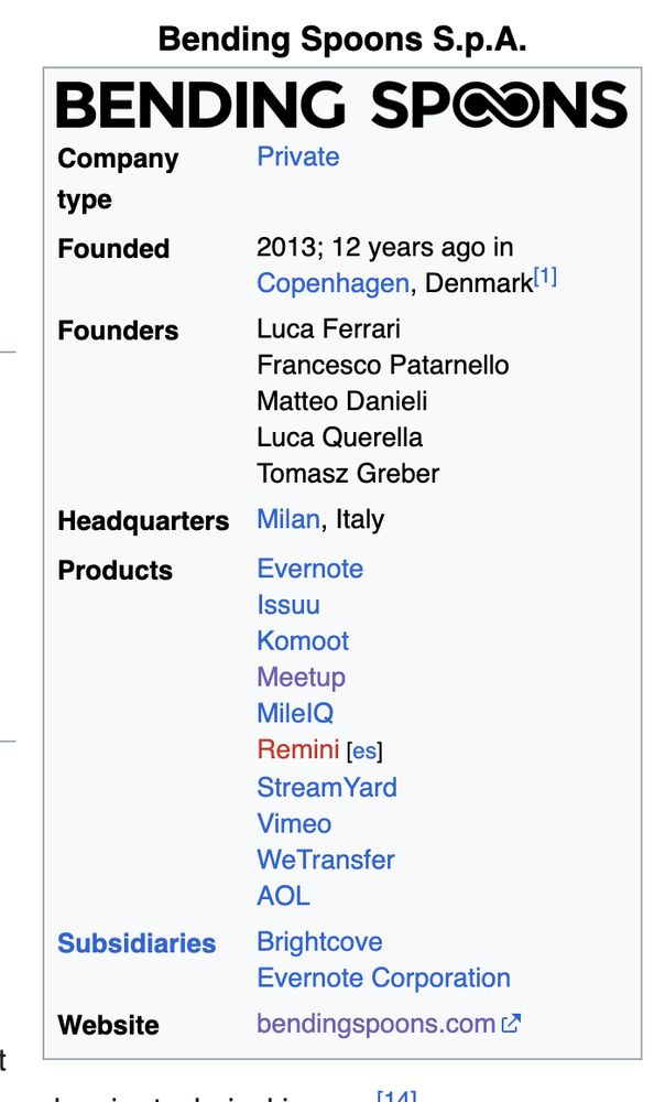 screenshot of bending spoons wikipedia page showing it owns Vimeo, AOL, WeTransfer, Meetup, and more 
