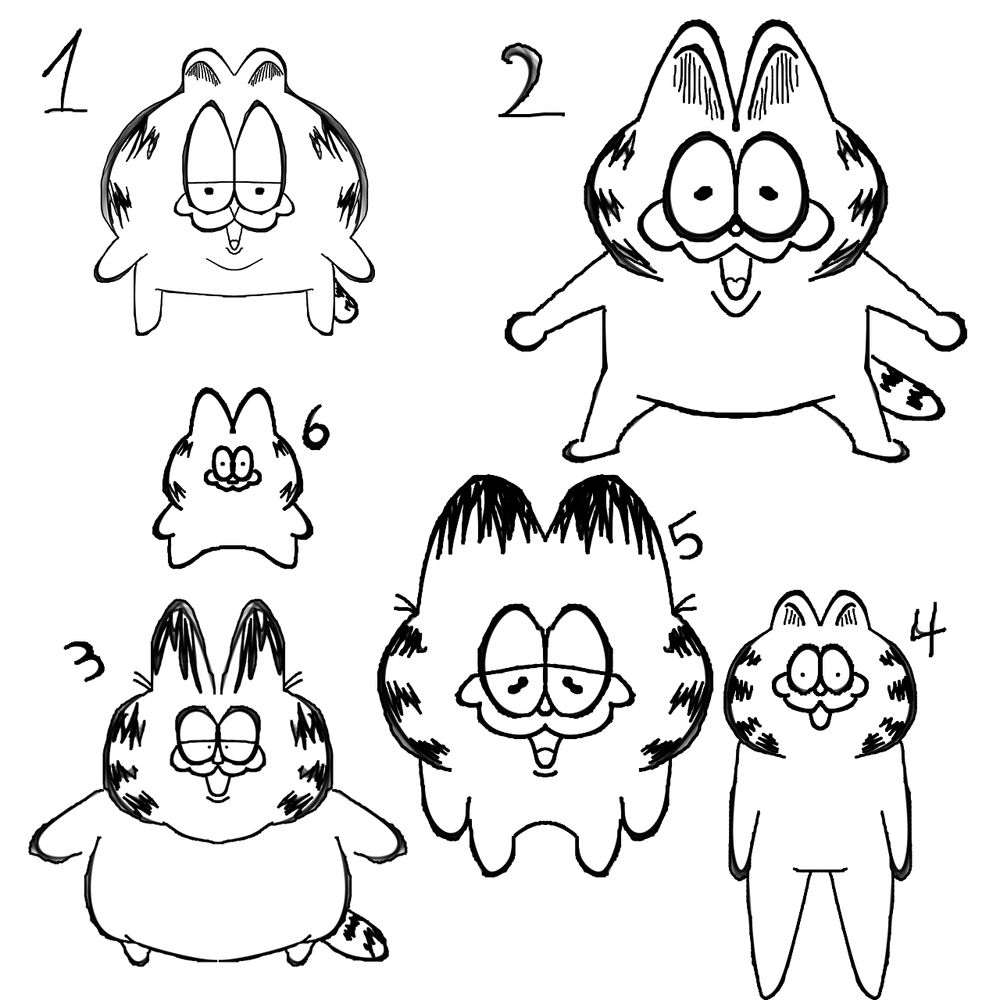 Many Garfields drawn from memory, with a mouse, the curve curvy brush and mirror tool in Krita