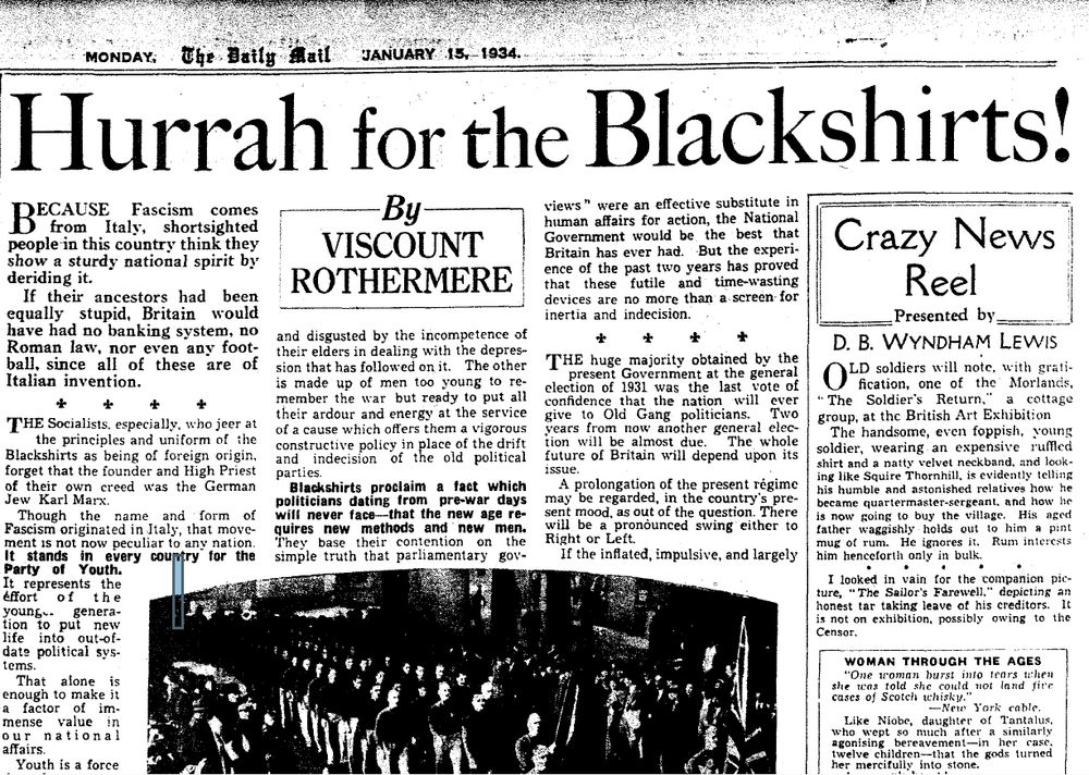 Daily Mail front page from 1936 declaring "Hurrah for the Blackshirts"