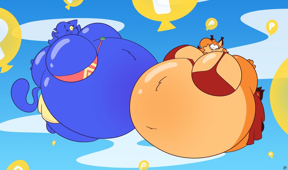 Two anthro feline women in belly dancing outfits have been inflated by roaming Power Balloons and are floating in the clouds. On the left is Camila, a blue cat wearing red and yellow gear. On the right is Pawki, an orange bobcat clad in red. They're probably gonna bump into a lot more balloons before the day ends.