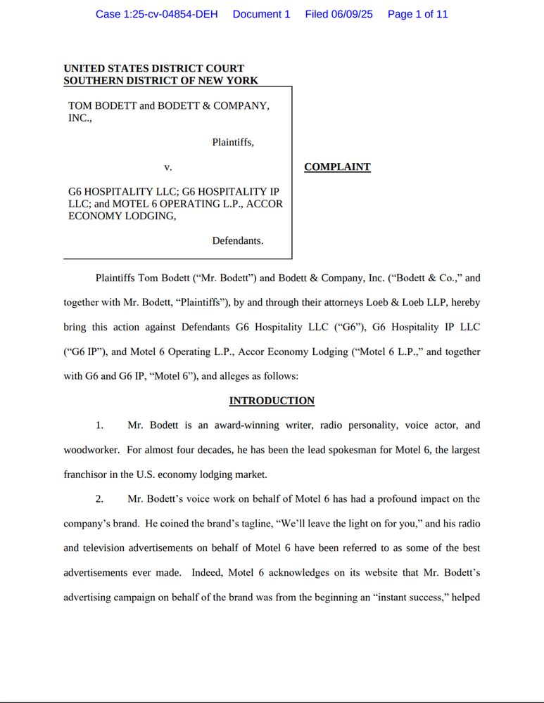 First page of Tom Bodett lawsuit filing. Full text at: https://static.tedium.co/uploads/Bodett.pdf