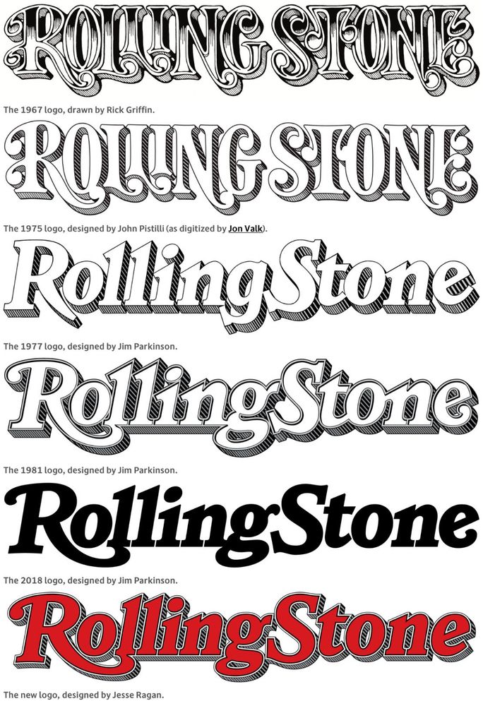 The different variations of the Rolling Stone logo over its 58-year history. Jim Parkinson designed three of the versions. The best-known iteration is probably the 1981 variant.
